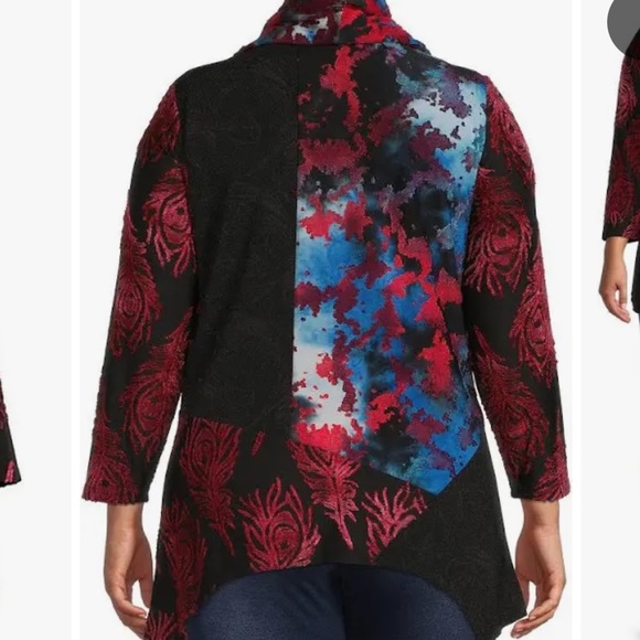 Calessa Patchwork Tie Dye Burnout Knit Cowl Neck 3/4 Sleeve Asymmetrical Tunic. - Picture 3 of 12